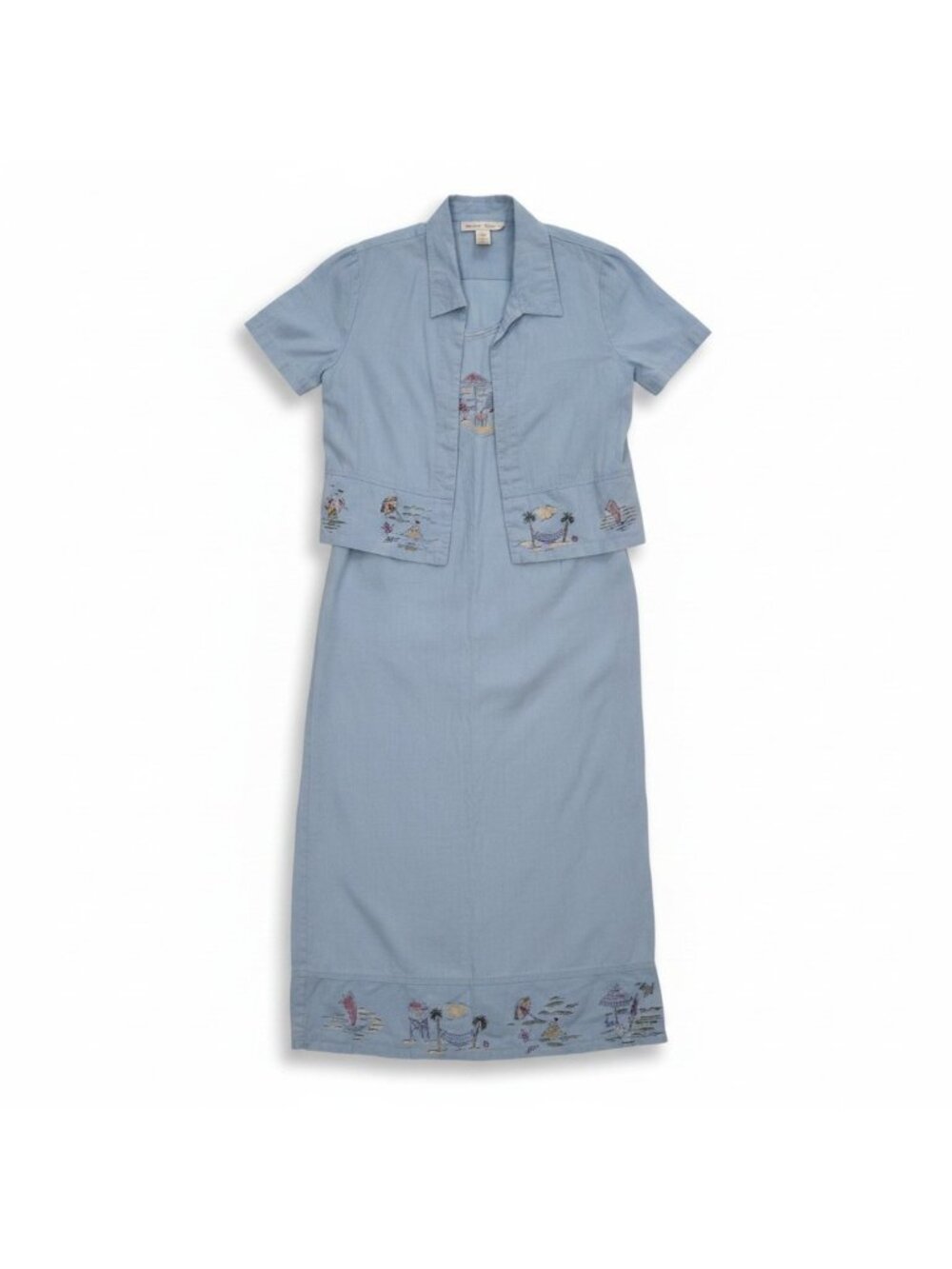 Sweet Jessie 2 Piece Linen Blend Dress Set Summer Beach Scene Sz Med Cottagecore